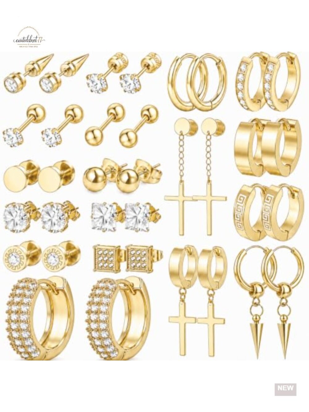 18 Pairs Gold Plated 316L Stainless Steel Earring Set Studs Hoops Dangle